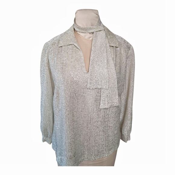 MY KINDA GAL Vintage Metallic Top Size 10 Silver Cream Loose Fit Blouse Belt - Picture 2 of 13